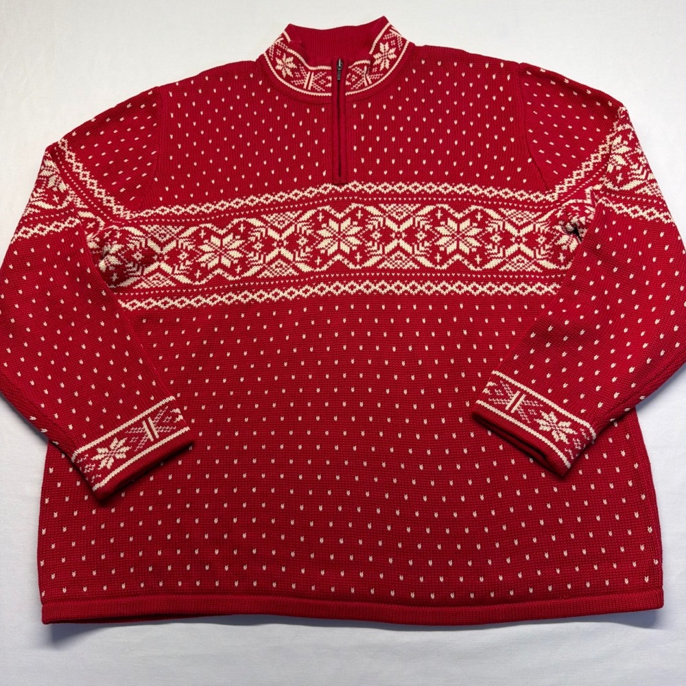 Vintage Lands End Fair Isle Sweater XL Red Mens Snowflake Quarter Zip Cotton Ski